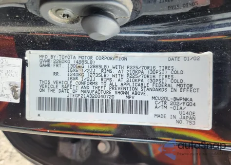 2002 Toyota Highlander Limited from USA, damaged, VIN JTEGF21A320040720